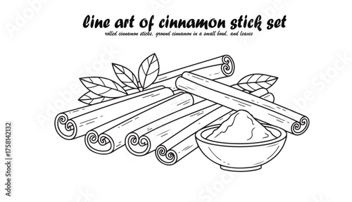 Line art illustration of cinnamon sticks, ground cinnamon in a bowl, and leaves, isolated on white background.