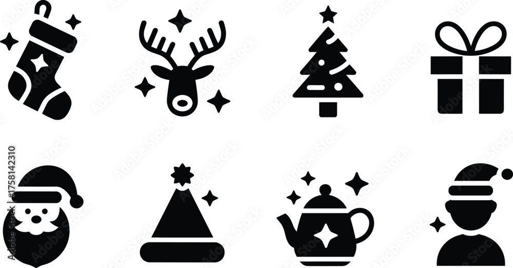 Naklejka premium Minimalist black and white Christmas icon pack featuring tree, reindeer, stocking, Santa, gift box, hat, and teapot designs