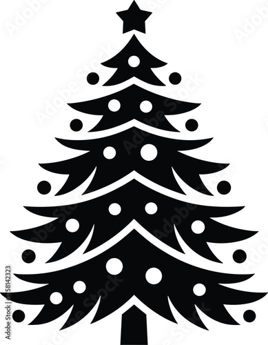 Elegant black Christmas tree silhouette with star topper and decorative ornaments in minimalist festive style for holiday vector artwork