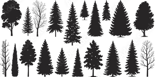 Collection of black tree silhouettes including pine, fir, and deciduous varieties for nature design, forest illustration, and vector artwork