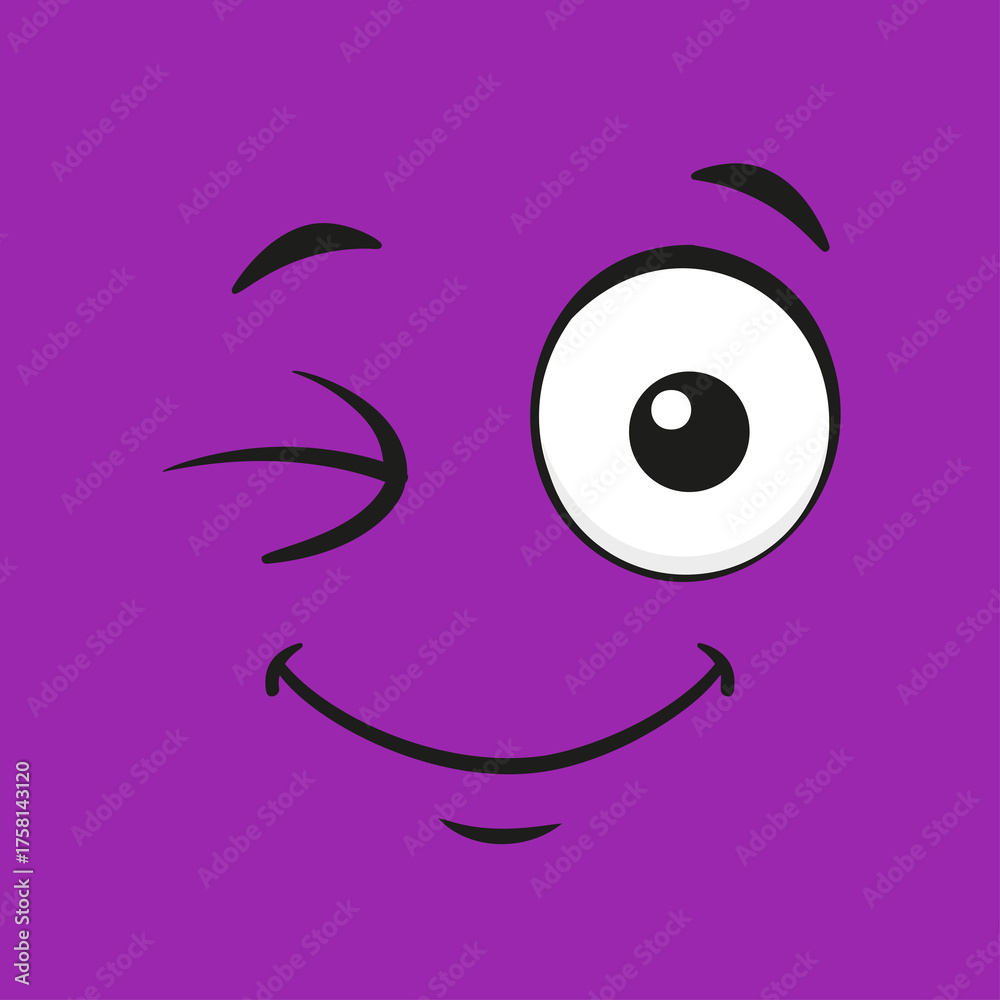 Fototapeta premium Winking Purple Cartoon Face with Big Eye and Smiling Mouth on Transparent Background