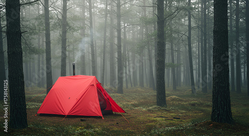 Serene camping scene: Red tent in foggy forest with smoke emerging from chimney