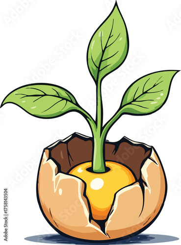 Sprouting plant in eggshell vector—green seedling emerging from cracked shell for growth, renewal, and nature symbolism