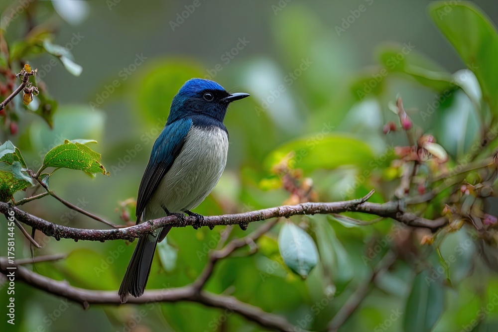 Fototapeta premium A vibrant blue and white bird perches on a branch amidst lush green foliage