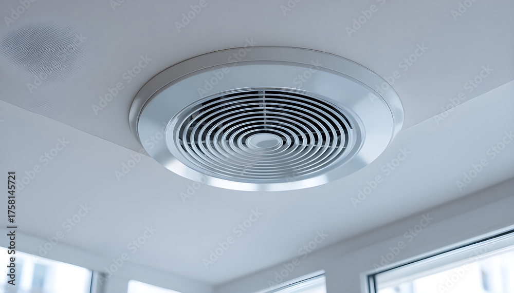 Obraz premium Ceiling ventilation shaft. Vents grille. Ventilation pipe for air intake. Shafts for oxygen purification in room. Ventilation shaft for air filtration. Air conditioning equipment
