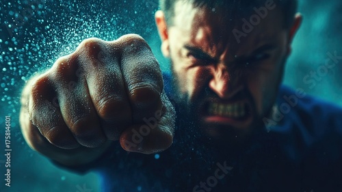 An intense, dramatic close-up of a man clenching his fists, struggling to control his anger and frustration. A powerful symbol of inner conflict, stress, and willpower.