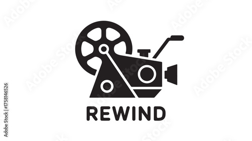 Vintage film projector icon with 'REWI ND' text evoking nostalgia and classic cinema storytelling, perfect for media production and retro themes