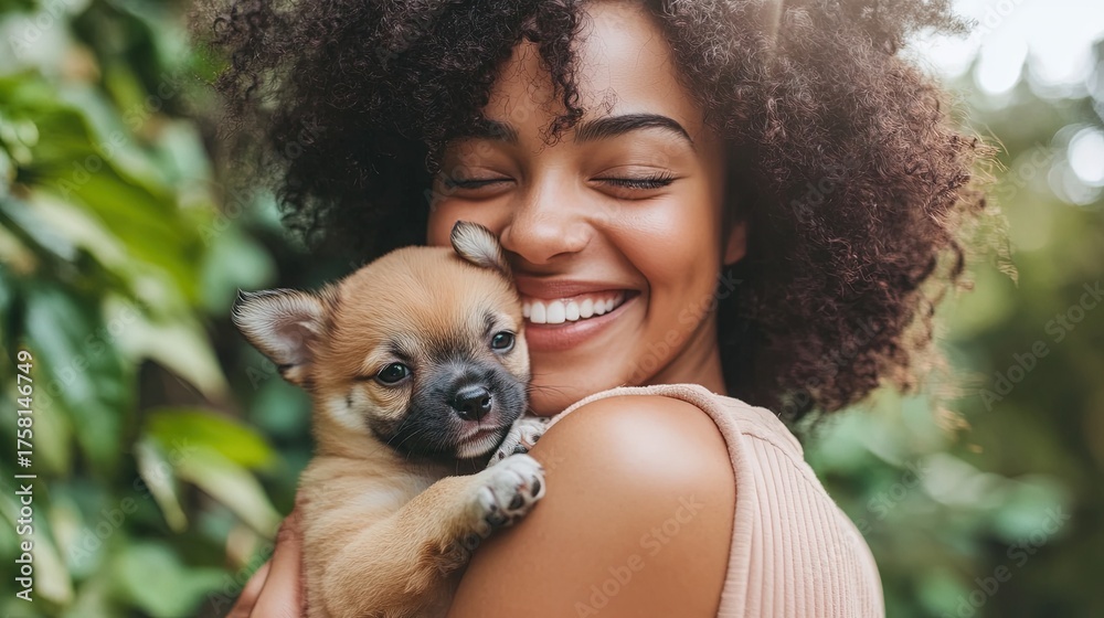 Obraz premium A joyful African American woman smiling while holding and cuddling a small, cute puppy. Represents love for pets, companionship, and pure happiness.