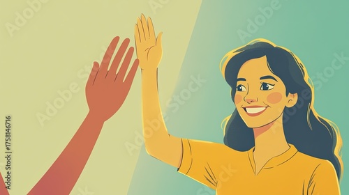 A smiling woman giving a high-five, symbolizing success, teamwork, agreement, or celebration. A positive gesture of partnership and achievement.