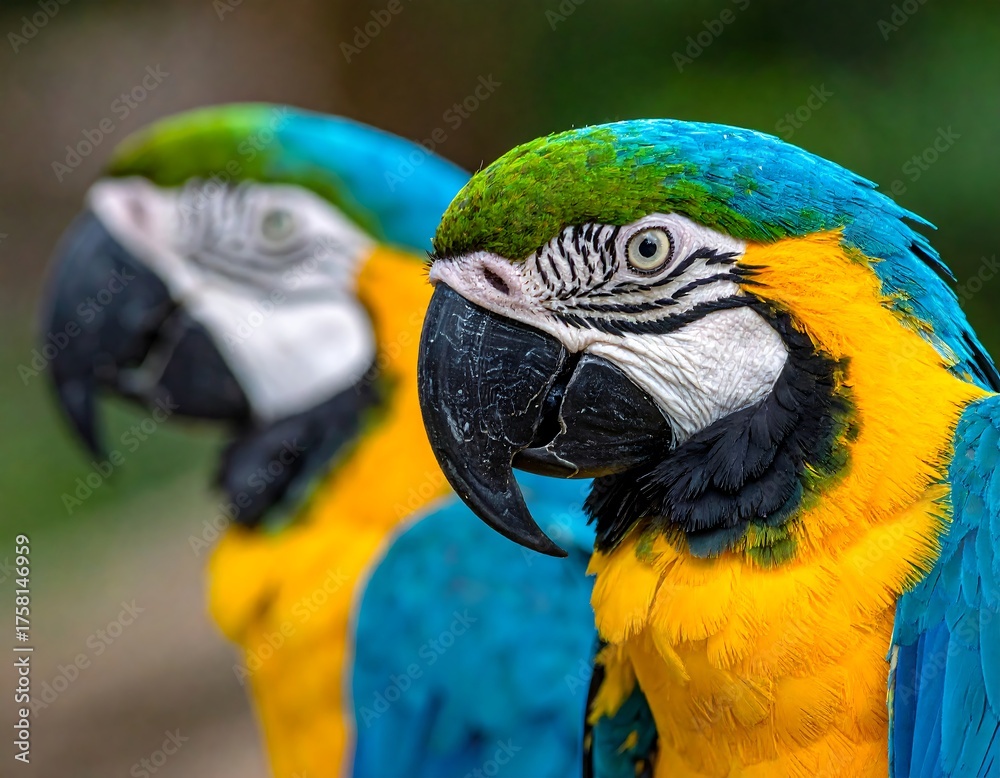 Obraz premium Two vibrant macaws, side profiles, displaying striking blue and yellow plumage