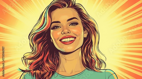 A pop art style illustration of a beautiful young woman smiling and blushing, as if receiving a compliment. Expresses joy, flattery, and positive reaction.