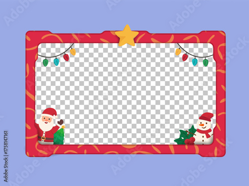 Red Christmas Frame with Santa Claus, Snowman, Christmas Tree and Lights Ornaments for Festive Decorations