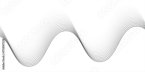 Flowing dots particles wave pattern 3D curve halftone black gradient curve shape isolated on white background. Vector in concept of technology, science, music, modern vector wave