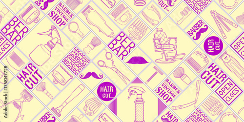 Wallpaper Mural Seamless barber tools shop icon set logo illustration sign for long pattern and blackground. Torontodigital.ca