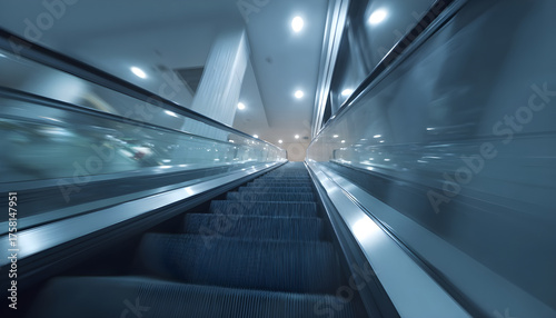 Medium shot capturing escalator steps moving goods upward with the environment blurred to highlight the powered stair mechanism.