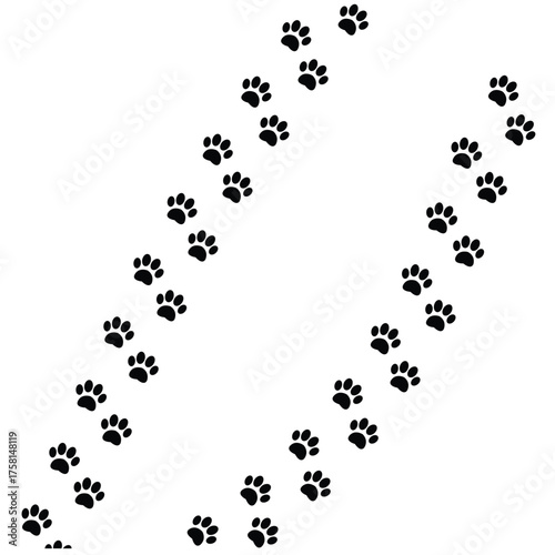 Paw vector foot trail print featuring cat, dog, and puppy silhouettes in diagonal tracks, ideal for t-shirts, backgrounds, patterns, websites, showcases, greeting cards, children's prints in eps 10.