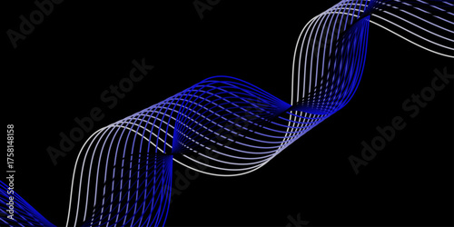Abstract artwork featuring flowing blue and white waves against a black background. colorful light wave futuristic background with a glowing abstract waves. light waves create a mesmerizing display.
