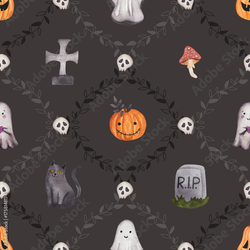 Watercolor Halloween seamless pattern with ghost, pumpkin, and skulls on dark background. Scary autumn holiday print for fabric.