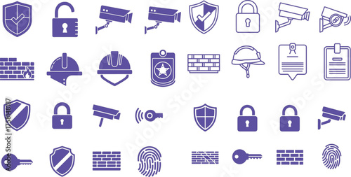 Diverse security icons collection protection padlocks cameras keys shields for digital platforms vector