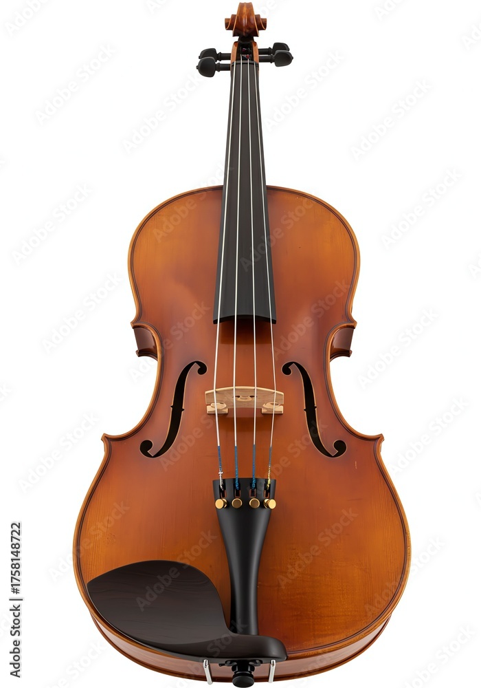 Fototapeta premium Elegant Wooden Acoustic Violin with Black Fingerboard and Strings on White Background