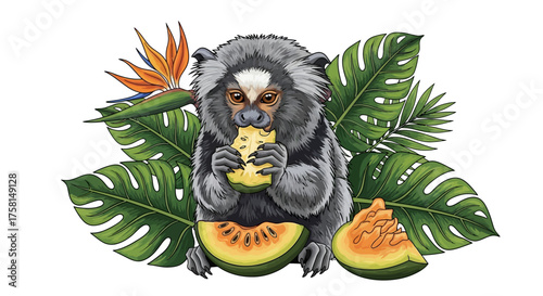 Adorable Marmoset Eating Melon Surrounded by Tropical Leaves and Flowers Vector Illustration.