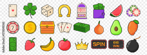 8 bit slot machine icons set. Pixel art object. Old school vintage game graphic. Clover, coins, dice, playing card, fruits, horseshoe, crown, slot machine
