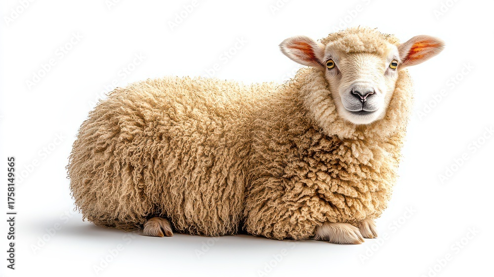 Fototapeta premium Fluffy sheep sitting on white background.
