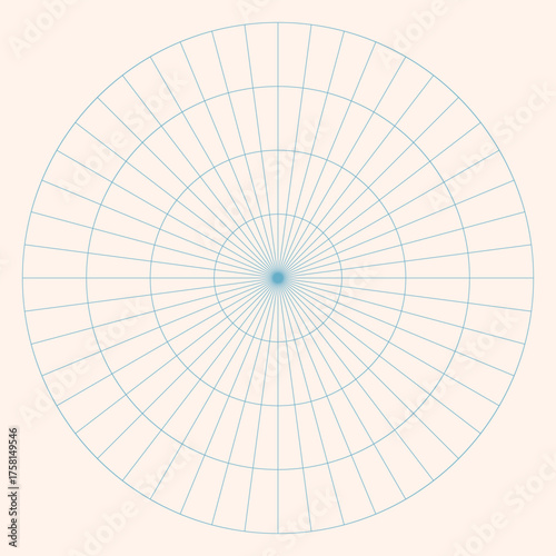 Polar coordinate circular grid isolated on white background. 360 degrees scale. Blank polar graph paper. Vector illustration. Mathematical graph. Lined blank on transparent background.
