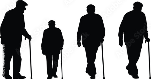 Elderly silhouette, walking with cane, aging mobility, black and white, physical support, senior movement, health care, posture study, minimal design, social awareness