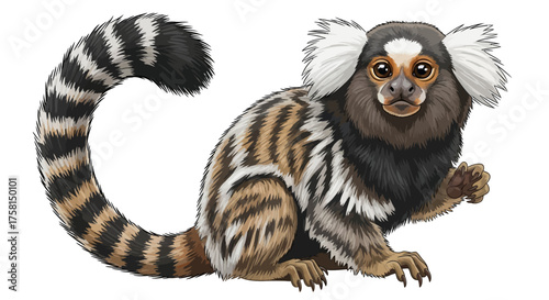 Detailed Illustration of a Common Marmoset with Striped Tail.