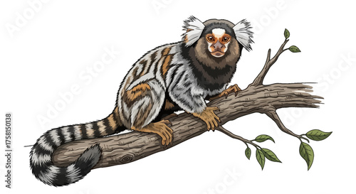 Detailed Illustration of a Marmoset Monkey Perched on a Branch Vector Art.