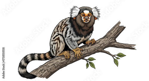 Detailed Illustration of a Marmoset Monkey Perched on a Branch.