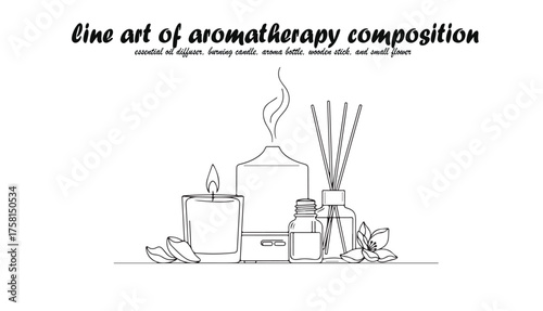 Line art illustration of an aromatherapy composition featuring a diffuser, burning candle, aroma bottle, incense sticks, and flower petals.