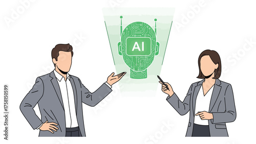Business presentation with AI hologram vector illustration of a man and woman presenting artificial intelligence technology isolated on white background