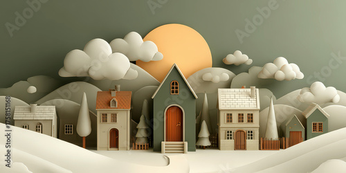 Stylized Winter Village Scene with Fluffy Clouds and Sunset Background