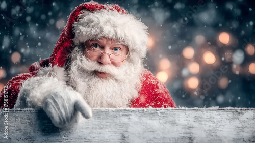 Santa Claus pointing at blank wooden sign in snowy festive scene with bokeh lights
