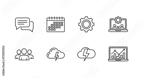 Set of eight black outline icons depicting communication, calendar, gear, teamwork, cloud with lightning, and data analysis on a laptop.