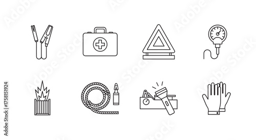 Set of black outline icons representing essential car safety tools, including jumper cables, first aid kit, warning triangle, tire pressure gauge, and work gloves.