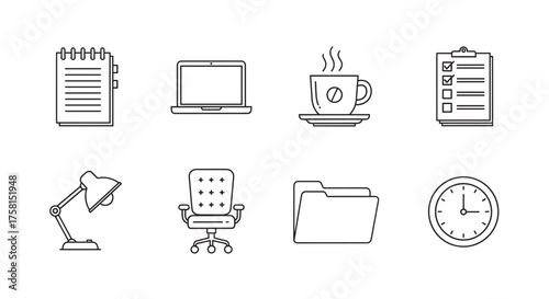 Black outline icons of office supplies including a notebook, laptop, coffee cup, checklist, desk lamp, office chair, folder, and wall clock.