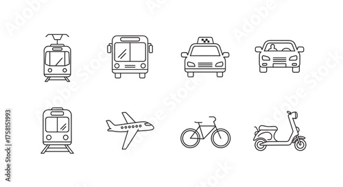 Black outline icons of various transportation modes including tram, bus, taxi, car, airplane, bicycle, and scooter, arranged in a simple linear style.