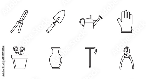Black outline icons of garden tools, including shears, trowel, watering can, glove, potted plant, vase, stake, and pruner, for gardening and horticulture concepts.