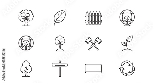 Set of black outline vector icons depicting nature and ecology, including trees, leaf, globe, fence, axes, sprout, signpost, and recycle symbol.
