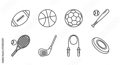 Black outline icons of various sports equipment including football, basketball, soccer ball, baseball, tennis racket, golf club, jump rope, and frisbee.
