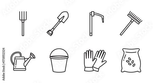 Black outline vector icons of various gardening tools, including a pitchfork, shovel, hoe, rake, watering can, bucket, gloves, and a seed bag.