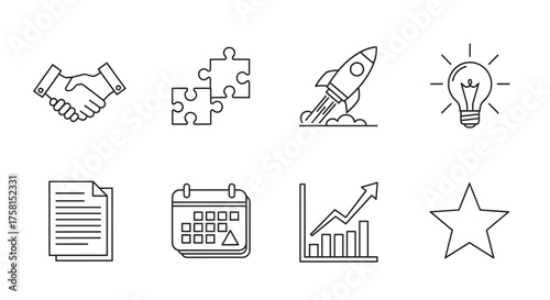 Black outline icons of a handshake, puzzle pieces, rocket, lightbulb, document, calendar, bar chart, and star representing business and creativity concepts.