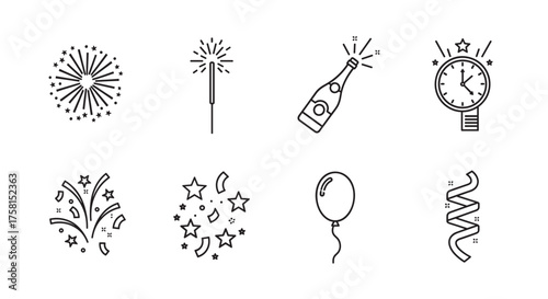 Eight black outline icons depicting celebratory items including fireworks, a sparkler, a champagne bottle, clock, confetti, balloon, and a party streamer.