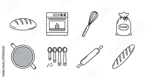 Black outline vector icons of baking essentials including a loaf of bread, oven, whisk, flour bag, sifter, measuring spoons, rolling pin, and baguette.