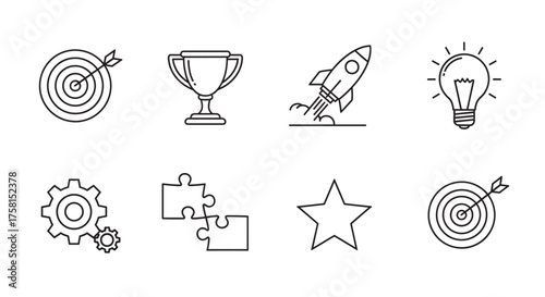 Collection of eight black outline icons representing a target, trophy, rocket, light bulb, gears, puzzle pieces, star, and target for various concepts.