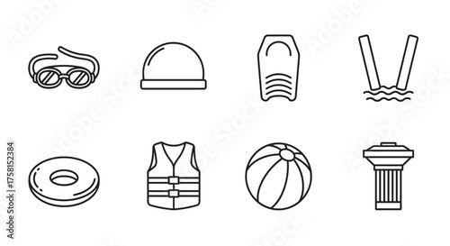 Set of eight black outline icons depicting various swimming and water-related accessories including goggles, swim cap, fins, and lifeguard tower.