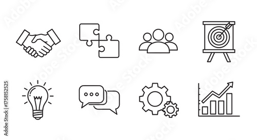 Black outline vector icons representing teamwork, communication, planning, and innovation in a simple and minimalistic style.